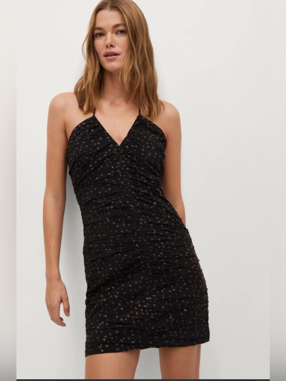 Mango Black Ruched Mini Dress with Subtle Cooper Print